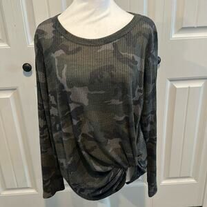 Pink Lily Medium Camo Twist Front Waffle Knit Top